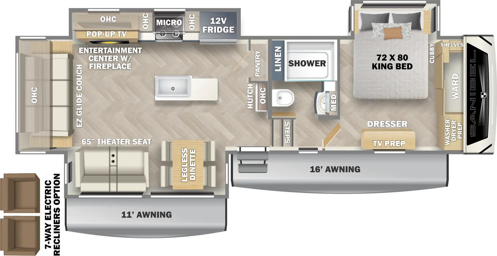 The Sanibel 3102RSWB has one entry and three slide outs. Exterior features include: fiberglass exterior and 11' & 16' awning. Interiors features include: kitchen island, front bedroom and rear living.